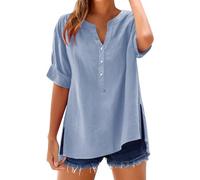 Camicia Donna in Lino Eleganti Estive Camicette Cotone Manica Corta Tinta Unita Bluse e Camicie Curvy Scollo a V Maglietta Loose T Shirt Oversize Leggera Magliette con Button alla Moda