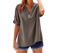 Camicia Donna in Lino Eleganti Estive Camicette Cotone Manica Corta Tinta Unita Bluse e Camicie Curvy Scollo a V Maglietta Loose T Shirt Oversize Leggera Magliette con Button alla Moda