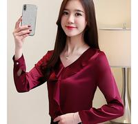 Camicia Donna In Sete Finta Blusa Seta Volant Maniche Lunghe A V