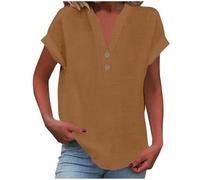 Camicia Donna Lino Blusa con Bottoni Casual in Cotone Lino Cotone Maniche Corte a V Tunica Top in Tinta Unita Leggera e Comoda per L'Estate Elegante Sciolto Camicetta da Donna alla Moda