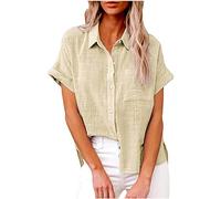 Camicia Donna Lino Cotone: a Manica Corta, Scollo a V, Arrotolabile, Elegante, Casual, con Bottoni, Tinta Unita, Taglia Grande, Primavera Estate, con Tasche sul Petto Camicetta