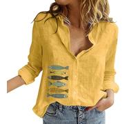 Camicia Donna Lino Cotone Comodo Oversize Estive Leggero Blusa Elegante Primavera Risvolto Casual Maglietta Moda Maniche Lunghe Lavoro Top Vintage con Bottoni Traspirante Maglia Tees