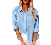 Camicia Donna Lino Cotone Elegante Curvy Camicetta in Lino Camicia con Maniche Lunga e Colletto a Revers in Tinta Unita Leggera e Comoda per L'Estate Camicetta da Donna alla Moda Camicia da Spiaggia