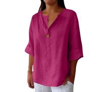 Camicia Donna Lino Cotone, Elegante Curvy Camicie in Lino 3/4 Maniche Lunga Scollo A V Bluse in Tinta Unita Leggera E Comoda per L'Estate Camicetta da Donna alla Moda Camicia da Spiaggia