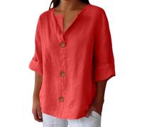Camicia Donna Lino Cotone, Elegante Curvy Camicie in Lino 3/4 Maniche Lunga Scollo A V Bluse in Tinta Unita Leggera E Comoda per L'Estate Camicetta da Donna alla Moda Camicia da Spiaggia