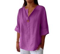 Camicia Donna Lino Cotone, Elegante Curvy Camicie in Lino 3/4 Maniche Lunga Scollo A V Bluse in Tinta Unita Leggera E Comoda per L'Estate Camicetta da Donna alla Moda Camicia da Spiaggia