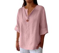 Camicia Donna Lino Cotone, Elegante Curvy Camicie in Lino 3/4 Maniche Lunga Scollo A V Bluse in Tinta Unita Leggera E Comoda per L'Estate Camicetta da Donna alla Moda Camicia da Spiaggia