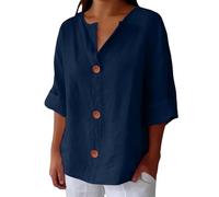 Camicia Donna Lino Cotone, Elegante Curvy Camicie in Lino 3/4 Maniche Lunga Scollo A V Bluse in Tinta Unita Leggera E Comoda per L'Estate Camicetta da Donna alla Moda Camicia da Spiaggia