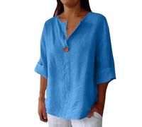Camicia Donna Lino Cotone, Elegante Curvy Camicie in Lino 3/4 Maniche Lunga Scollo A V Bluse in Tinta Unita Leggera E Comoda per L'Estate Camicetta da Donna alla Moda Camicia da Spiaggia