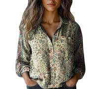 Camicia Donna Lino Cotone Leggero Oversize Comodo Blusa Estive Classica Elegante Scollo a V Camicetta Maniche Lunghe Fantasia Vacanza Camicia in Lino Vintage Lavoro Ufficio con Bottoni Top