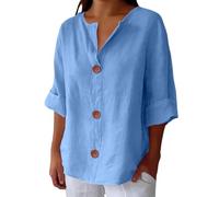 Camicia Donna Lino Maniche Tre Quarti Estiva Elegante Curvy Maglietta Lino Cotone Maniche Lunghe Scollo A V con Bottoni Casual Maglia Taglie Forti Leggera Comodi Blusa T Shirt Tinta Unita Oversize