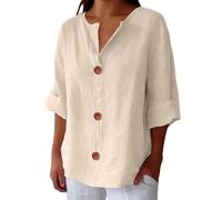 Camicia Donna Lino Maniche Tre Quarti Estiva Elegante Curvy Maglietta Lino Cotone Maniche Lunghe Scollo A V con Bottoni Casual Maglia Taglie Forti Leggera Comodi Blusa T Shirt Tinta Unita Oversize