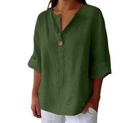 Camicia Donna Lino Maniche Tre Quarti Estiva Elegante Curvy Maglietta Lino Cotone Maniche Lunghe Scollo A V con Bottoni Casual Maglia Taglie Forti Leggera Comodi Blusa T Shirt Tinta Unita Oversize