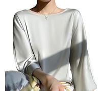 Camicia Donna Manica Lunga, Camicetta da Donna in Raso di Seta Estate Elegante Tinta Unita Girocollo Pullover Camicie Top Moda Ampia Manica A 3/4 Tunica Top Casual Formale Festa Camicette da Lavoro