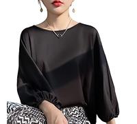 Camicia Donna Manica Lunga, Camicetta da Donna in Raso di Seta Estiva Moda Tinta Unita Girocollo Pullover Camicie Top Elegante Sciolto 3/4 Manica A Lanterna Tunica Top Casual Formale Party Camicette