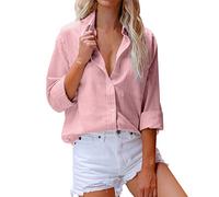 Camicia Donna Manica Lunga Camicia Cotone e Lino Lmitation Cotone e Lino Fiammato Manica Lunga Tasca Pulsante Tee Casual Camicetta Popolare Top (S 3XL) Maglia Tees Maniche 3/4 con Bottoni (Pink XL)