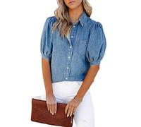 Camicia Donna Manica Lunga, Camicia di Jeans A Maniche Corte da Donna Camicetta Fashion Lavaggio Azzurro Lavaggio Sbiadito Camicie con Scollo A V Top Dolci Maniche A Sbuffo Larghe Camicette Abbotton