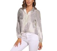 Camicia Donna, Piume Eleganti Scollo A V Camicia con Maniche Lunga E Colletto A Revers in Grigio Beige Leggera Comoda per L'Estate Camicetta da Donna alla Stile alla Moda Semplice Camicetta Spiaggia