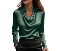 Camicia Donna Raso Blu Maniche Lunghe Camicetta con Bottone Scollo a Cascata Blusa Colletto Rivoltato Moda Basic Tinta Unita Camicette Eleganti per Capodanno Cerimonia Sera