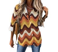 Camicia Donna Semplice Geometrico con Colletto e Bottoni | Camicia Stampata 3D con Fantasia Schema Ondulatorio, Maniche Lunghe, Camicetta Casual Elegante Donna perTempo Libero