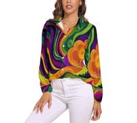 Camicia Donna, Strisce Ondulate Scollo A V Camicia Con Maniche Lunga Colletto A Revers In Colori Misti Leggera Comoda Per L'Estate Camicetta Donna Alla Stile Astratto Psichedelico Camicetta Spiaggia