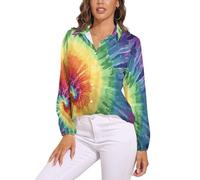 Camicia Donna, Tie-Dye Ad Acquerello Scollo A V Camicia Con Maniche Lunga E Colletto A Revers In Colori Misti Leggera Comoda Per L'Estate Camicetta Da Donna Alla Stile Hip-Hop Camicetta Spiaggia