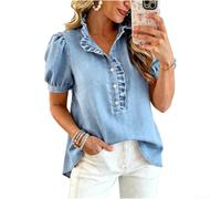 Camicia Donna V-Neck con Volant Manica a Soffio | Scollo a V elegante, dettagli volant, manica a soffio, tessuto leggero, per stile fashion estivo(Light Blue M)