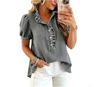Camicia Donna V-Neck con Volant Manica a Soffio | Scollo a V elegante, dettagli volant, manica a soffio, tessuto leggero, per stile fashion estivo(Gray S)