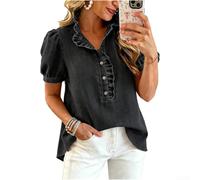 Camicia Donna V-Neck con Volant Manica a Soffio | Scollo a V elegante, dettagli volant, manica a soffio, tessuto leggero, per stile fashion estivo(Black XXL)