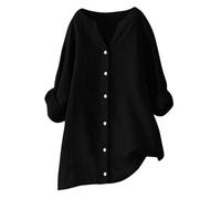 Camicia Donne Cotone Lunga Casual Elegante Curvy Camicette in Cotone Lino T-Shirt con Maniche Lunga Scollo a V in Tinta Unita Maglietta Leggera e Comoda per L'Estate Camicetta alla Moda da Spiaggia