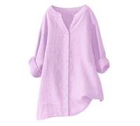 Camicia Donne Cotone Lunga Casual Elegante Curvy Camicette in Cotone Lino T-Shirt con Maniche Lunga Scollo a V in Tinta Unita Maglietta Leggera e Comoda per L'Estate Camicetta alla Moda da Spiaggia