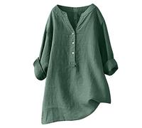 Camicia Donne Cotone Lunga Casual Elegante Curvy Camicette in Cotone Lino T-Shirt con Maniche Lunga Scollo a V in Tinta Unita Maglietta Leggera e Comoda per L'Estate Camicetta alla Moda da Spiaggia