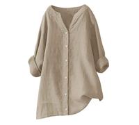 Camicia Donne Cotone Lunga Casual Elegante Curvy Camicette in Cotone Lino T-Shirt con Maniche Lunga Scollo a V in Tinta Unita Maglietta Leggera e Comoda per L'Estate Camicetta alla Moda da Spiaggia
