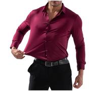 Camicia elastica da lavoro da uomo, alla moda, tinta unita, a maniche lunghe, con risvolto, per il tempo libero, senza pieghe, classica per tutti i giorni, Vino, XL