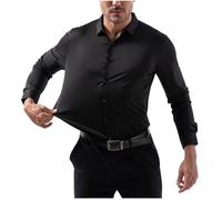 Camicia elastica da lavoro da uomo, alla moda, tinta unita, a maniche lunghe, con risvolto, per il tempo libero, senza pieghe, classica per tutti i giorni, Nero , XXL