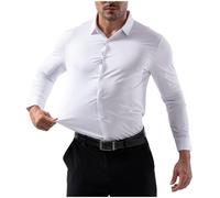 Camicia elastica da lavoro da uomo, alla moda, tinta unita, a maniche lunghe, con risvolto, per il tempo libero, senza pieghe, classica per tutti i giorni, bianco, XXL