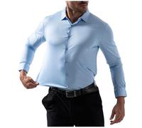 Camicia elastica da lavoro da uomo, alla moda, tinta unita, a maniche lunghe, con risvolto, per il tempo libero, senza pieghe, classica per tutti i giorni, Azzurro, XL