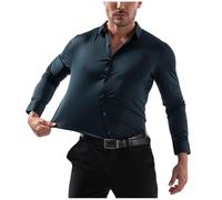 Camicia elastica da lavoro da uomo, alla moda, tinta unita, a maniche lunghe, con risvolto, per il tempo libero, senza pieghe, classica per tutti i giorni, Blu scuro, L