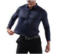 Camicia elastica da lavoro da uomo, alla moda, tinta unita, a maniche lunghe, con risvolto, per il tempo libero, senza pieghe, classica per tutti i giorni, Blu marino, L