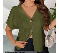 Camicia elegante con maniche a pipistrello e doppio petto, aperta davanti, tinta unita, semplice, taglie comode, bianca. Camicetta con bottoni, scollo a V, per donne taglie forti. 0XL,1XL,2XL,3XL,4XLC