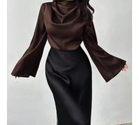 Camicia elegante da donna a maniche lunghe / Top lucido / Camicia in raso di seta sintetica / Camicia da pendolare / Blusa marrone / Abbigliamento da ufficio/lavoro / Look per Capodanno / Camicia in s
