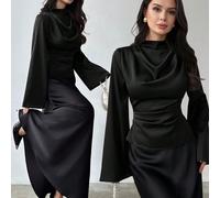 Camicia elegante da donna a maniche lunghe / Top lucido / Camicia in raso di seta sintetica / Camicia da pendolare / Blusa nera / Abbigliamento da ufficio/lavoro / Look per Capodanno / Camicia in stil