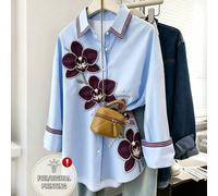 Camicia elegante da donna con colletto a orchidea, top casual a maniche lunghe con colletto a righe, blu chiaro con vestibilità morbida L,M,S,XL,XSPianteTessuto intrecciato