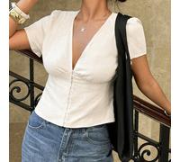 Camicia elegante estiva in lino con scollo a V profondo e maniche corte, con design a bottoni in perla, che affina e valorizza la vita, camicia da donna alla moda e casual. Camicia con scollo a V prof