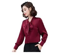 Camicia elegante in raso di seta con fiocco luminoso manica lunga coreana ufficio signore camicia da lavoro bordeaux XL