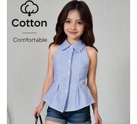 Camicia elegante senza maniche con colletto, plissettata, a righe blu e bianche, con vita stretta e linea ad A, con bottoni davanti, adatta per ragazze tra i 10 e i 12 anni, per vacanze, scuola e uso 