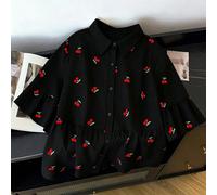 Camicia elegante taglie forti best-seller con stampa ciliegia completa, maniche a metà con volant, vita alta, stile bambola, monopetto, taglio semplice e design snellente, adatta per il pendolarismo q