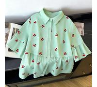 Camicia elegante taglie forti best-seller con stampa ciliegia completa, volant, maniche a metà, vita alta, stile bambola, monopetto, taglio semplice e design snellente, adatta per il pendolarismo quot