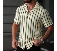 Camicia estiva casual a righe beige taglie forti da uomo, camicia a maniche corte con bottoni e texture per vacanze, festività, cerimonie 1XL,2XL,3XL,4XL,5XLGeometrico,A strisce,Motivo strutturatoTess