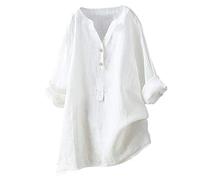 Camicia estiva da donna, con scollo a V, casual, a maniche lunghe, in cotone, vestibilità larga, tinta unita, High Low Up, Dressy Work Daily Tee da donna, elegante, bianco, L